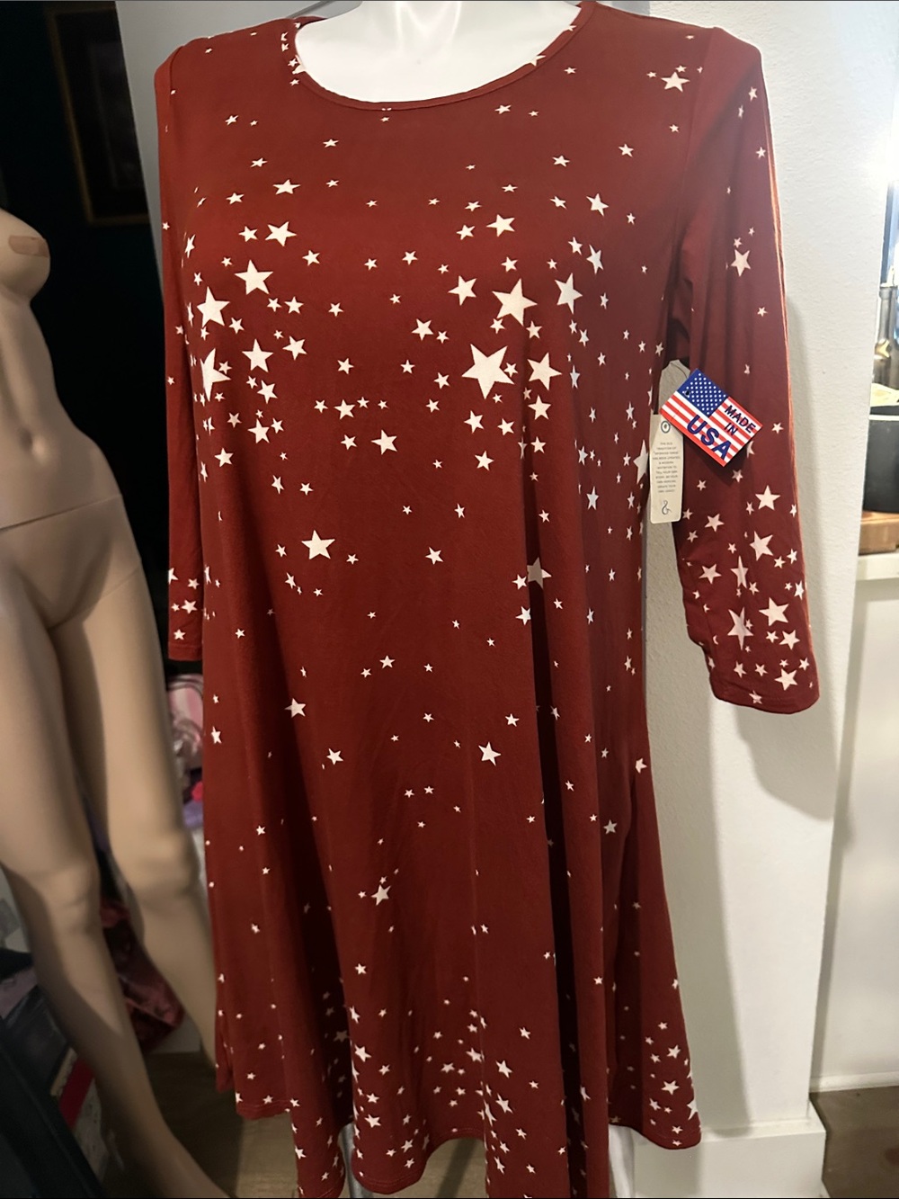 NWT Star Print Rust 3/4 Sleeve Stretch Swing Dress